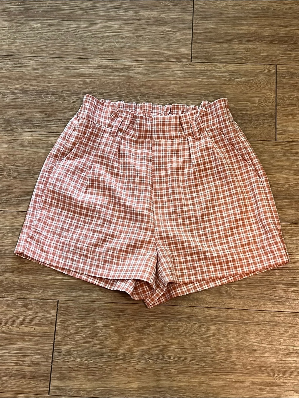 High-Waist Pink Plaid Paperbag Shorts